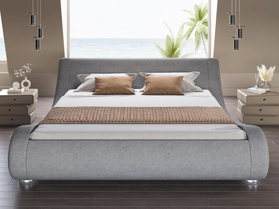 Queen Size Upholstered Bed Frame, Deluxe Low Profile Sleigh Bed with Linen Ergonomics Headboard, No Box Spring Needed & Easy Assembly, Grey