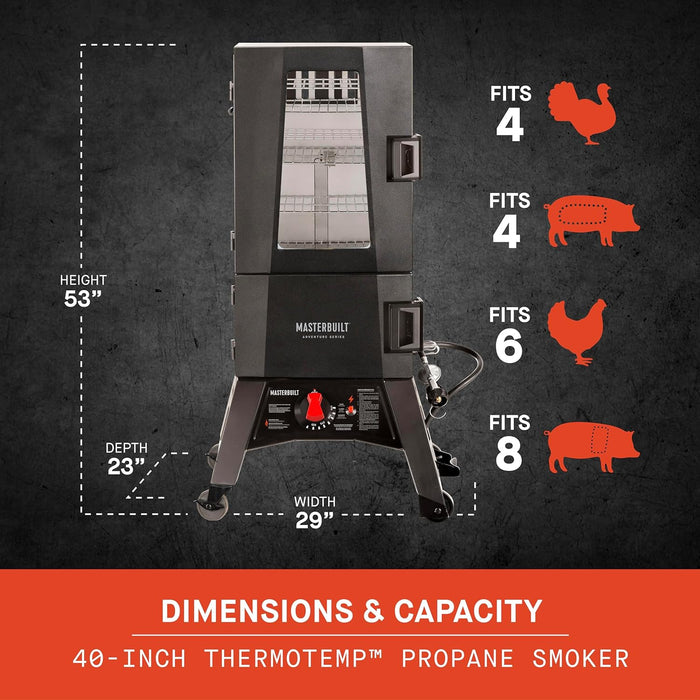 ® 40-Inch Thermotemp Propane Gas Vertical BBQ Smoker with Analog Temperature Control and 960 Cooking Square Inches in Black, Model MB20051316