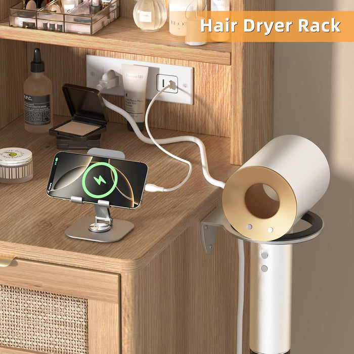 Rattan Vanity Desk with Mirror and Lights, 43.5'' Boho Makeup Vanity with 6 Drawers and Adjustable Shelves, Natural Wood Make up Vanity Dressing Table with Glass Top, Power Outlet for Bedroom