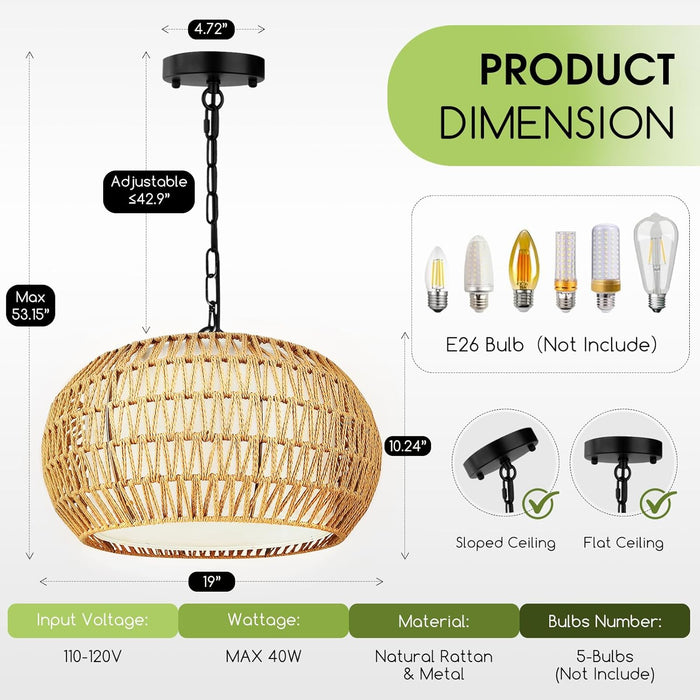 19 Inch Natural Rattan Chandelier Bohemian Farmhouse