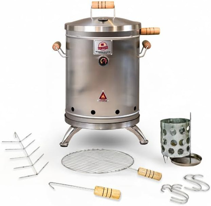 (16 Pound) 2-In-1 Smoker Barrel Vertical Grill - Premium 304 Stainless Steel - Barril Charcoal BBQ Thermometer & Ventilation - Cooking Accessories Meat Kit - Portable Outdoor, Camping -
