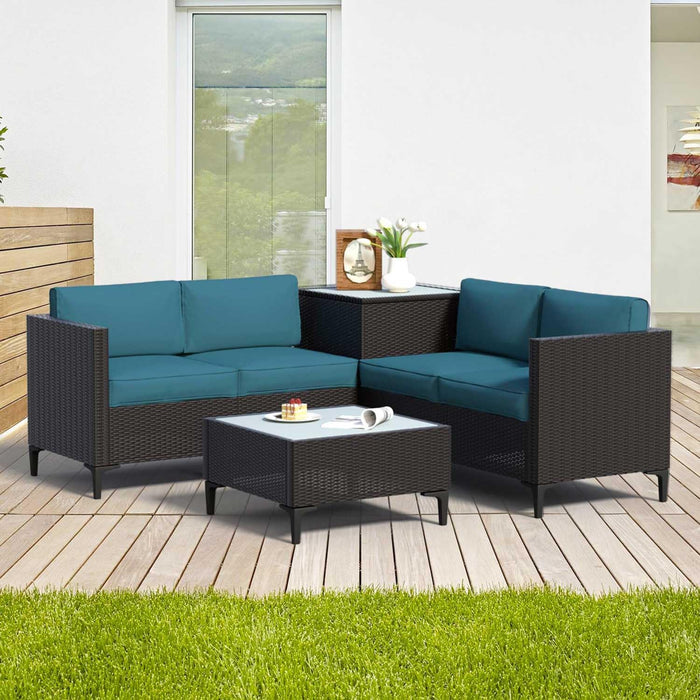 4-Piece Rattan Patio Furniture Set, Waterproof Wicker Outdoor Sectional Sofa with Thick Cushions, All-Weather PE Rattan Conversation Set for Porch, Poolside (Peacock Blue, Black Rattan)
