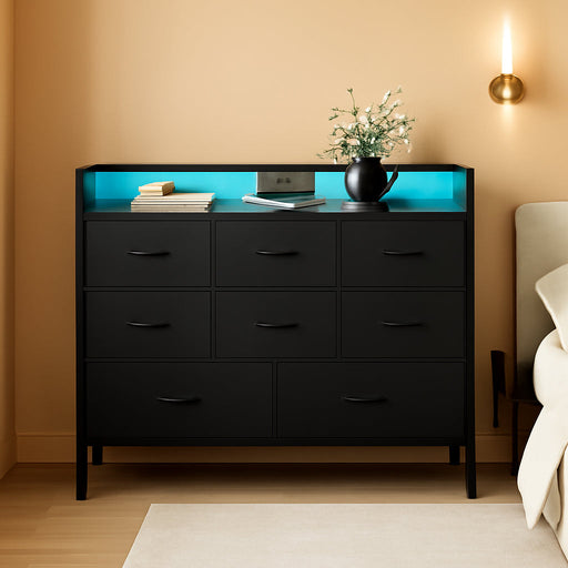 Black LED Dresser, Dresser with 9 Drawers and Charging Station, Fabric Chest of Drawers with PU Finish for Kid Room, Entryway, Living Room, Hallway