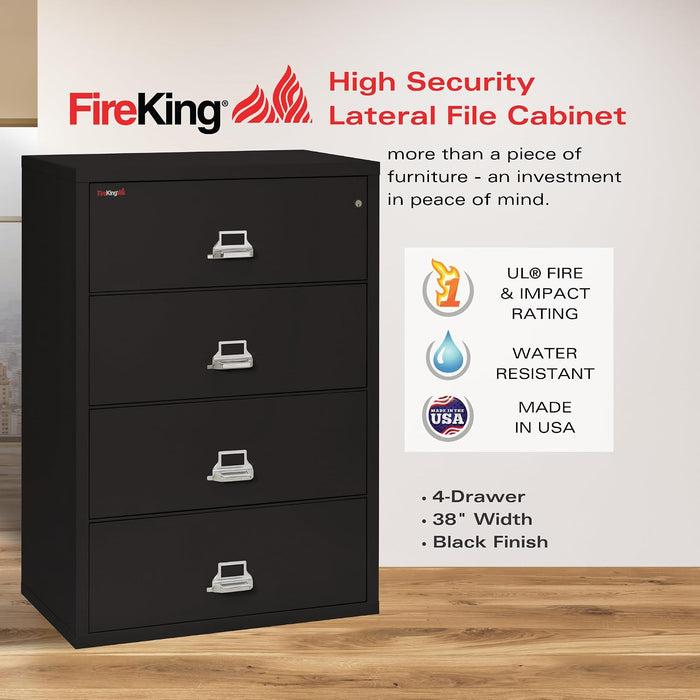 Fireproof Lateral File Cabinet (4 Drawers, Impact Resistant, Water Resistant), 38" W X 22" D, Black, Made in USA