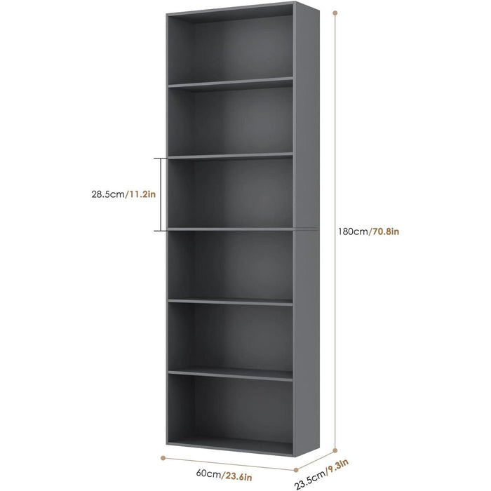 6-Tier Open Bookcase and Bookshelf, Freestanding Display Storage Shelves Tall Bookcase for Bedroom, Living Room and Office, Dark Gray