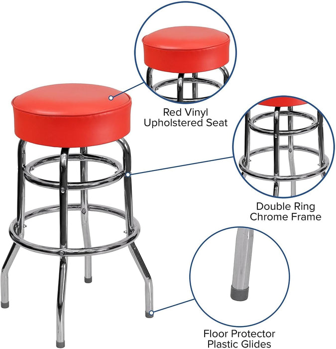 Bruno 2 Pack Double Ring Chrome Barstool with Red Seat