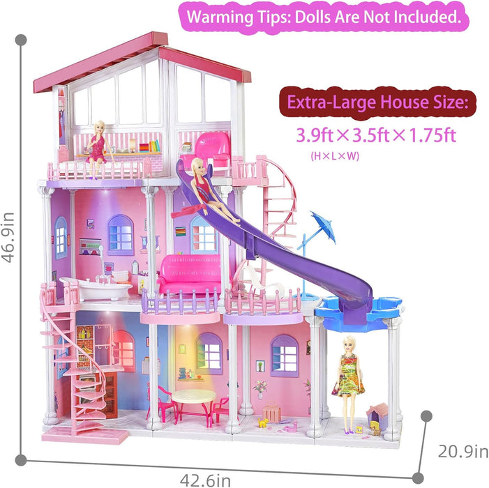 2024 Dream Doll House, 47'' ABS Plastic Large Dollhouse, Playhouse with 15+Furniture, Pool, Slide, W/Lights&Music, Princess Play House Toys Gifts for Girls Kids Ages 3 to 12 Year Olds