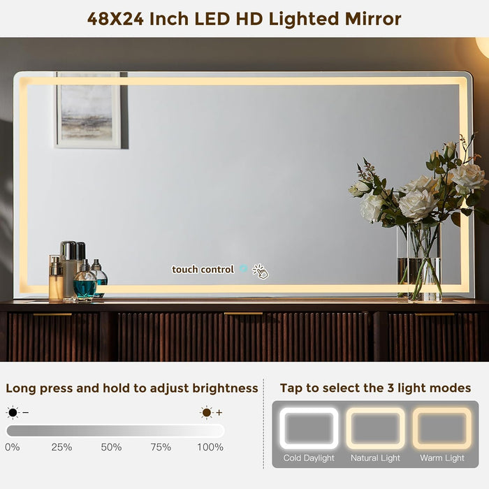 48" Fluted Makeup Vanity Desk with 48" Large Mirror and HD Lights, Modern Vanity Table with 9 Drawers & Charging Station, Glass Top and Golden Handles Dressing Table for Bedroom,Dark Walnut