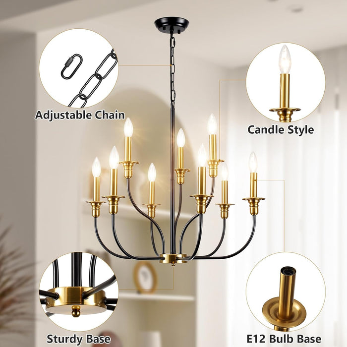 Black Gold Nine Light Candle Chandelier DiningRoom