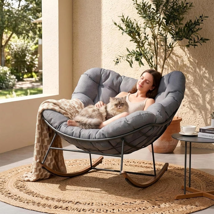 Outdoor Papasan Rocking Chair with Thick Cushion, Light Grey