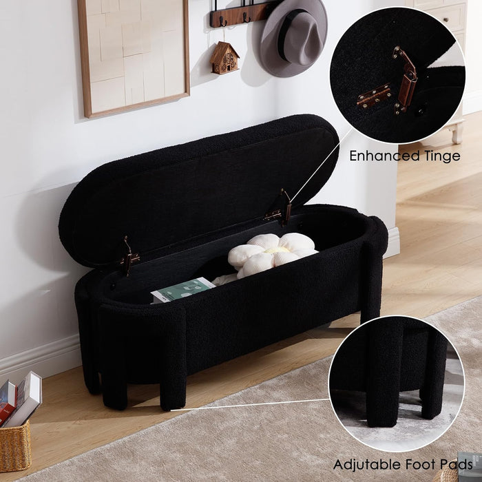 50" Ottoman Storage Bench, Modern End of Bed Bench with Upholstered Seating, Comfy Cute Oval Entryway Bench for Living Room/Bedroom/Entrance/Hallway, Sherpa Black