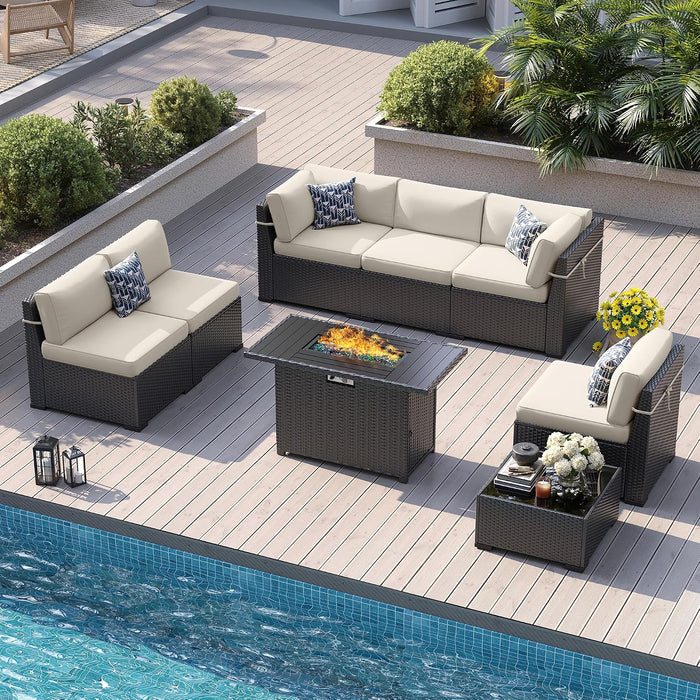 8 Piece Patio Furniture Set with 44” Fire Pit Table with Thickened Cushions