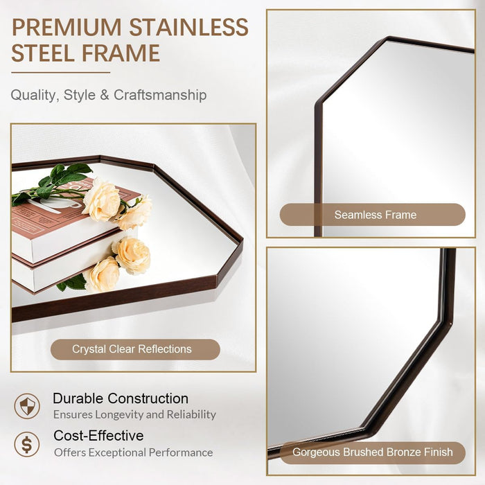 Bronze Octagon Bathroom Mirror, 24X36 Inch Stainless Steel Metal Frame, Anti-Rust, Shatterproof HD Glass, Wall Mounted for Bathroom, Bedroom, Living Room