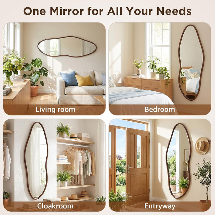 Irregular Full Length Mirror 64"X21", Cloud-Shaped Full Body Mirror Walnut