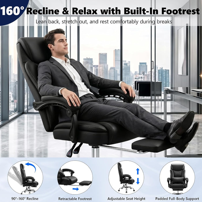 Ergonomic Office Chair Executive PU Leather High Back, 400Lbs Heavy Duty Reclining Desk Chair with Footrest, Adjustable Lumbar Support, Padded Armrests, Wide Seat, Black