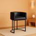 Counter Height Bar Stools Set of 3, Modern Barrel Counter Stools with Backrest and Arms, Black Metal Frames, Faux Leather Upholstered Accent Barstools for Kitchen Island, Black