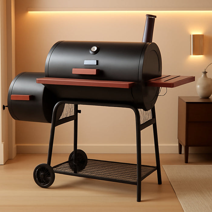 CC1830W 30-Inch Charcoal Grill with Offset Smoker and Wood-Painted Side Table, Outdoor Smoker Grill with 811 Sq. In. Cooking Area for Outdoor Barbecue Event, Black