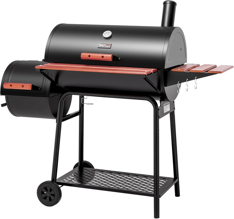 CC1830W 30-Inch Charcoal Grill with Wood-Painted Side Table and Front Table, BBQ Smoker Grill with 811 Sq. In. Grilling Area for Outdoor Barbecue Event, Black