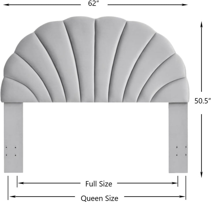 Stunning Crown Design Queen Headboard, Upholstered Soft Velvet Petal Pattern Headboard Queen/Full-Q-Gray
