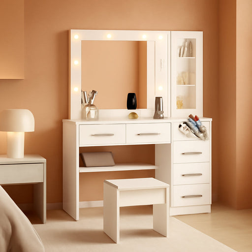 White Vanity Table with Drawer Dresser, Farmhouse Vanity Makeup Desk with Charging Station, Vanity Desk with Lights Mirror & Drawers for Makeup,Vanity Desk with Storage Shelf & 5 Drawers (Gold Handle)