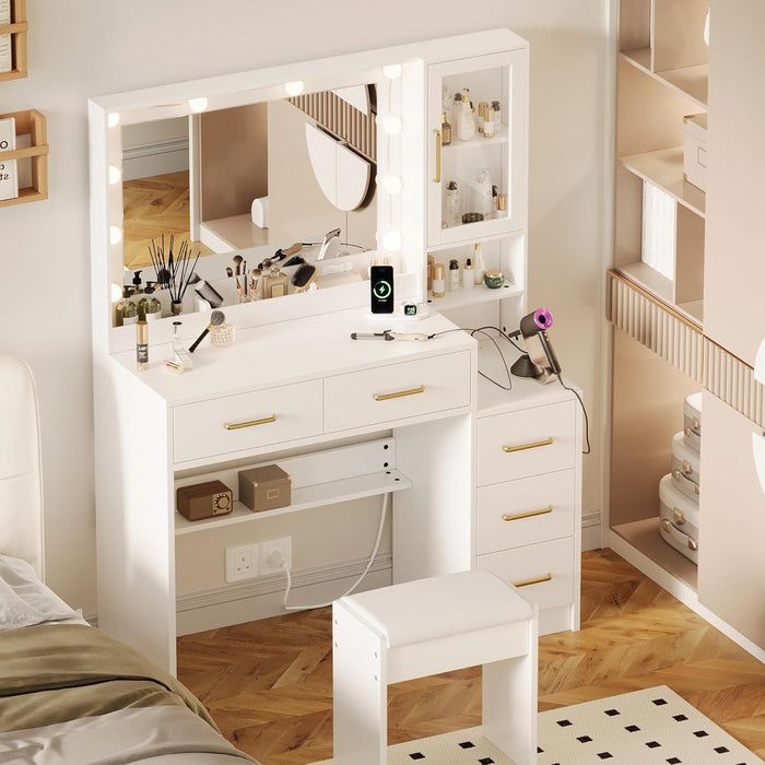 White Makeup Vanity With Integrated Charging Station