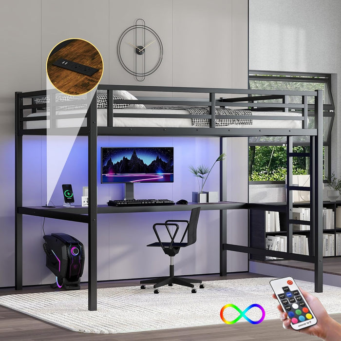 Full Size Metal Loft Bed with Desk and LED Lights,Heavy Duty Loft Bed Frame with Charging Station and USB for Kids,Teens,Adults,Full Size,Black