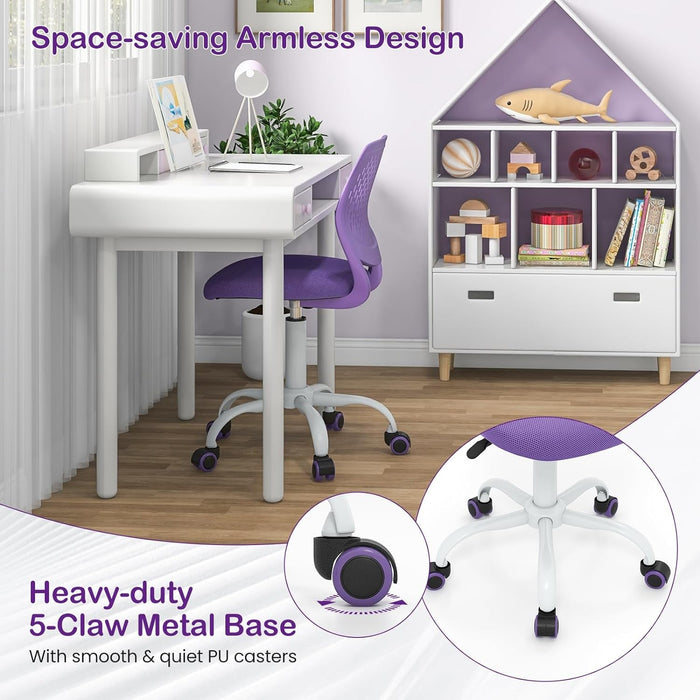 Kids Desk Chair, Adjustable Children Study Chair, Swivel Chair Armless Mesh Task Student Chair, Child Desk Chair with Adjustable Height & Lumbar Support Computer Chair (Purple)