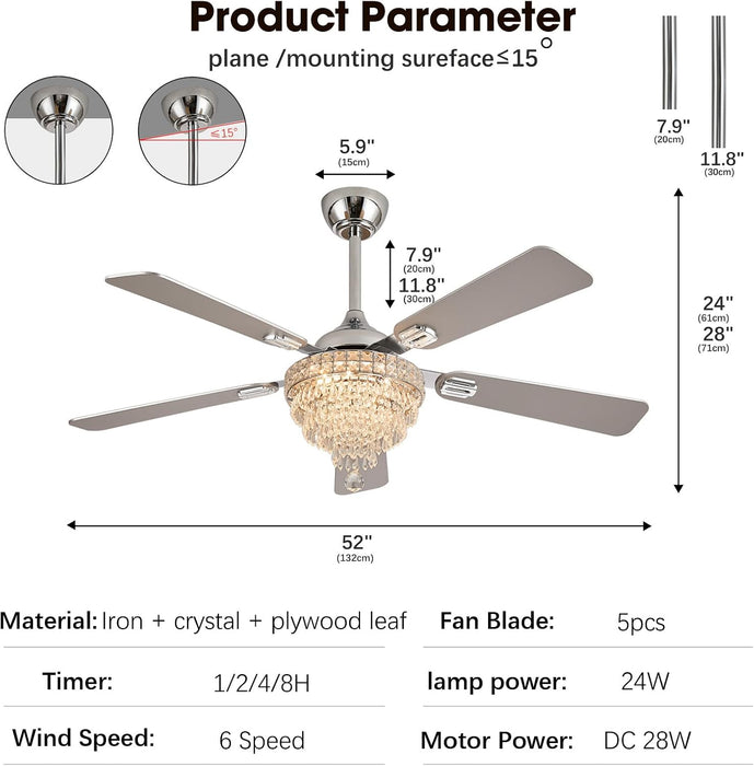 52" Crystal Chandelier Ceiling Fan with Lights - (Glam, Chrome)