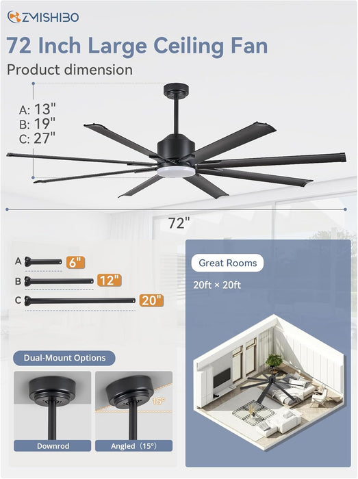 72 Inch Aluminium Blade Ceiling Fans with Lights and Remote, Outdoor Ceiling Fans for Patio Living Room with Quiet DC Motor, 6 Speed Reversible, 3 CCT, Black Industrial Ceiling Fan, 8 Blades