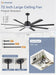 72 Inch Aluminium Blade Ceiling Fans with Lights and Remote, Outdoor Ceiling Fans for Patio Living Room with Quiet DC Motor, 6 Speed Reversible, 3 CCT, Black Industrial Ceiling Fan, 8 Blades