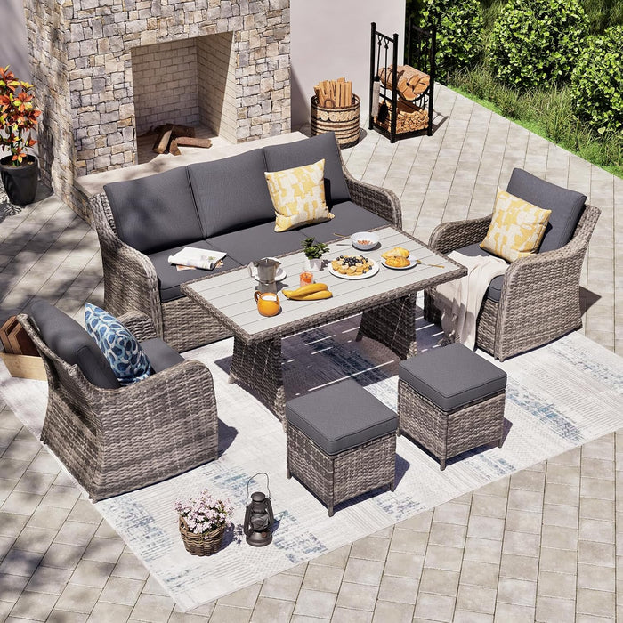 6 Pieces Outdoor Patio Furniture Set, Wicker Patio Conversation Set, Patio Sectional Furniture Set with 2 Single Chair and Sofa, 2 Ottomans and Dining Table (Grey)