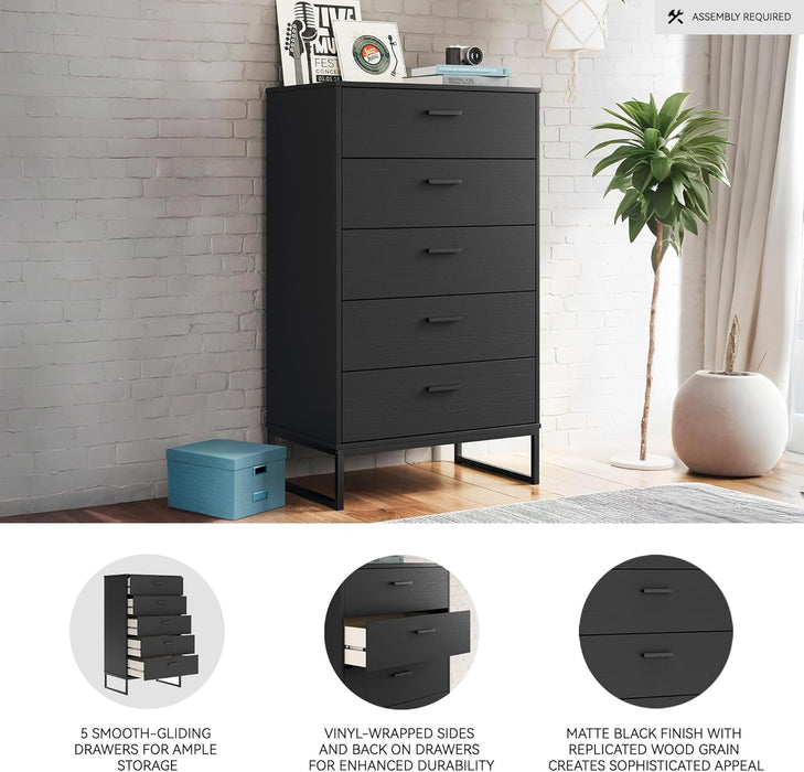 Socalle Modern 5 Drawer Chest with Safety Stop and Metal Legs for Bedroom, Black
