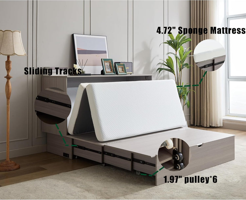 Queen Size Murphy Bed Wall Chest with Oversized Drawers and Folding Foam Mattress,Wood Hideaway Cabinet Platform Bedframe W/Set of Sockets & USB Ports,Space-Saving,For Small Room,Gray