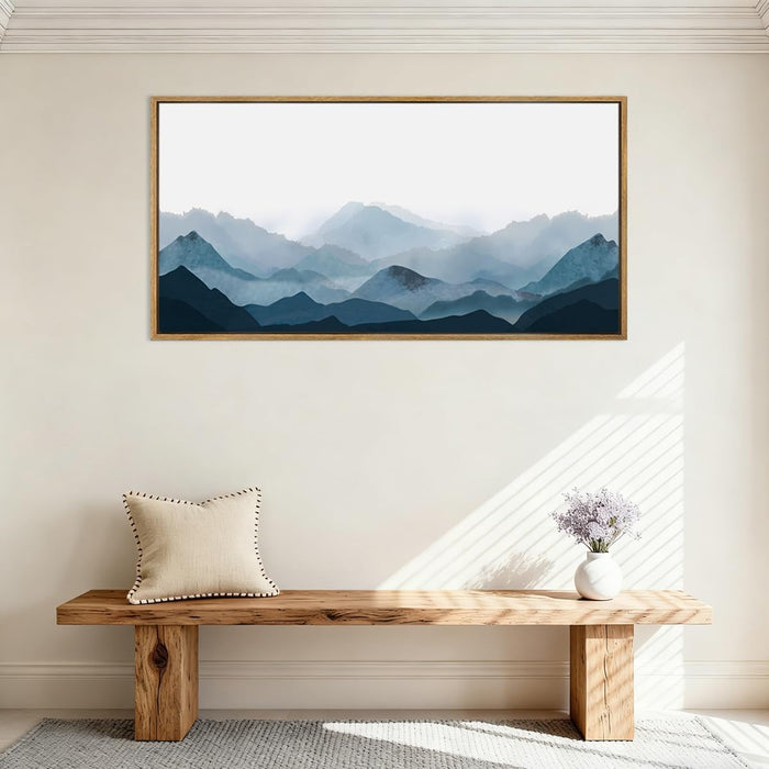 Blue Framed Mountain Landscape Wall Art Fog Mountain Painting Wall Decor Minimalist Blue Artwork Blue Mountains Wall Paintings Simple Landscape Wall Pictures for Bedroom Living Room Office Home Decor 20X40 Inch