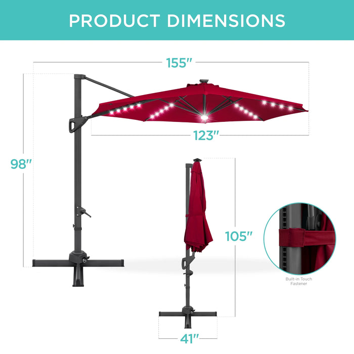 10Ft 360-Degree Solar LED Lit Cantilever Patio Umbrella, Outdoor Hanging Shade - Burgundy