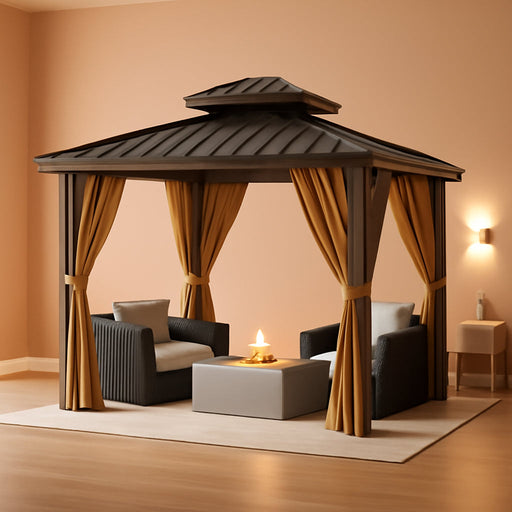10X12 FT Hardtop Gazebo, Khaki Heavy Duty Aluminum Frame Patio Gazebo, Double Roof All-Weather Metal Canopy with Curtains and Netting for Patio, Garden, Poolside