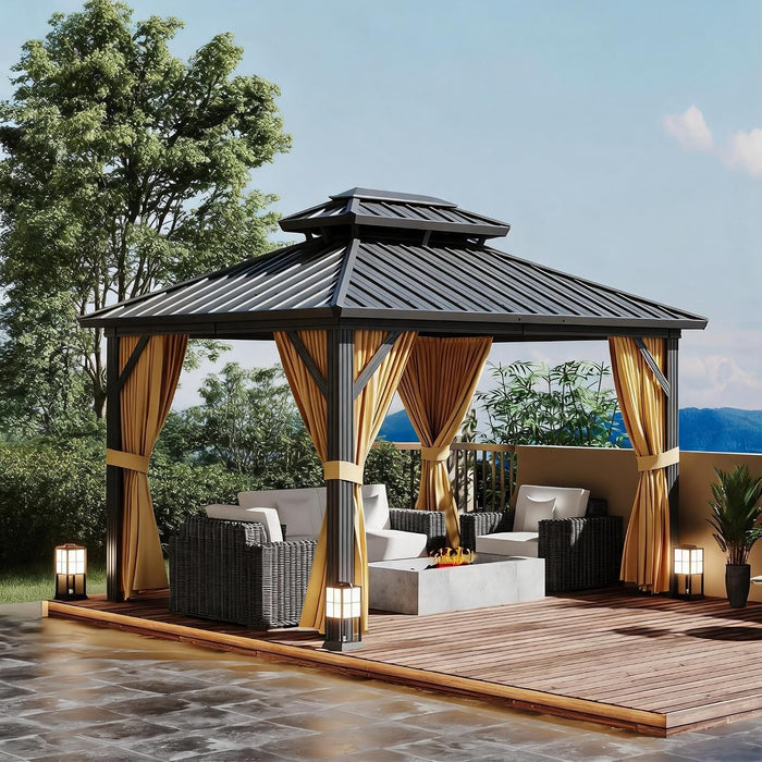 10X12 FT Hardtop Gazebo, Khaki Heavy Duty Aluminum Frame Patio Gazebo, Double Roof All-Weather Metal Canopy with Curtains and Netting for Patio, Garden, Poolside