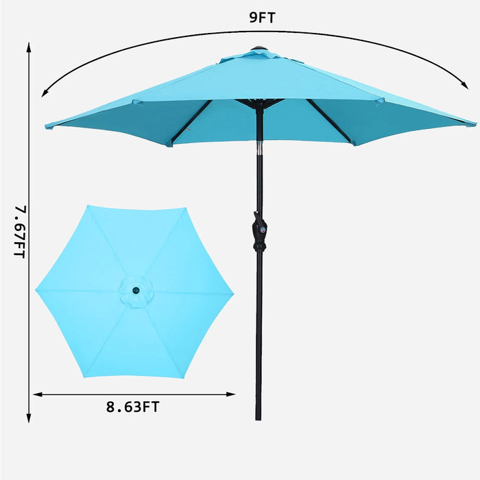 9Ft Outdoor Patio Table Umbrellas 6 Ribs W/ Tilt Crank for Patio Garden and Poolside- Blue