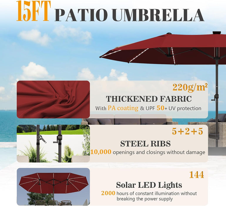15Ft Rectangular Patio Umbrella with Solar LED Lights, Double-Sided Outdoor Market Umbrella with Base Included, Extra Large Shade for Pool, Deck, Backyard, Garden, Burgundy