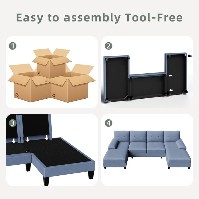 U-Shaped Sectional Sofa with Double Chaise, 4-Seat Linen Fabric Living Room Furniture Set, High-Density Cushions for Ultimate Comfort & Modern Style, Blue