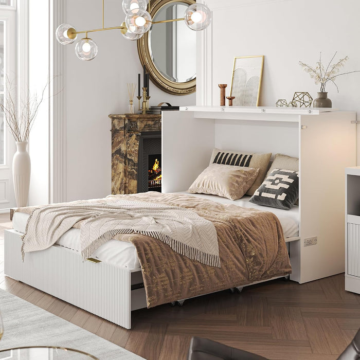 White Queen Murphy Bed Featuring Integrated Charging