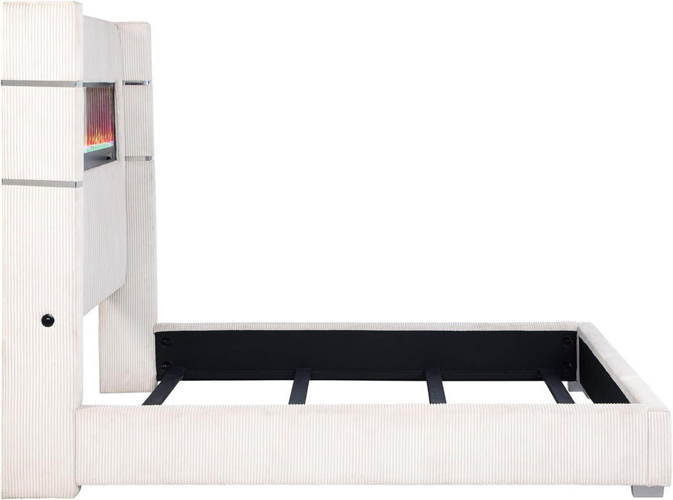 Home Furnishings - Tisdall - Wood and Fabric - Queen Bed with High Headboard and Integrated Flame Box with Color Options - Bedroom - Cream - 306032Q