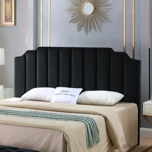 Black Velvet Tufted King Upholstered Headboard, Modern Vertical Channel Design California King Headboard with Stepped Silhouette Top Edge,Black