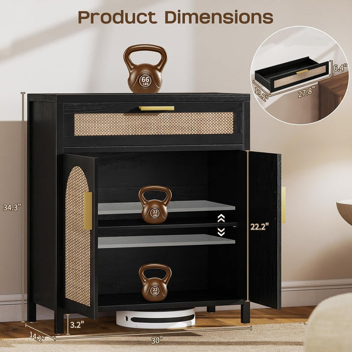 Rattan Buffet Cabinet with Storage, Sideboard Cabinet with Doors and Shelves, Accent Coffee Bar with Drawers, Farmhouse Kitchen Storage Cabinets, Credenza for Entryway, Living Room Black