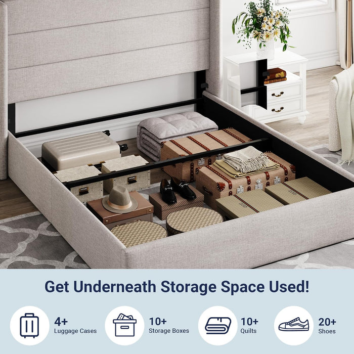 Full Size Lift up Storage Bed, Modern Wingback Headboard, Hydraulic Support, No Box Spring Needed, Light Beige