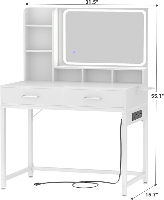 Small Vanity Desk, Vanity Desk with Mirror and Lights, Makeup Vanity Desks with Power Strip, Vanity Table with Drawers and Shelves, Adjustable Lighting, Dressing Table for Bedroom Dressing Room, White