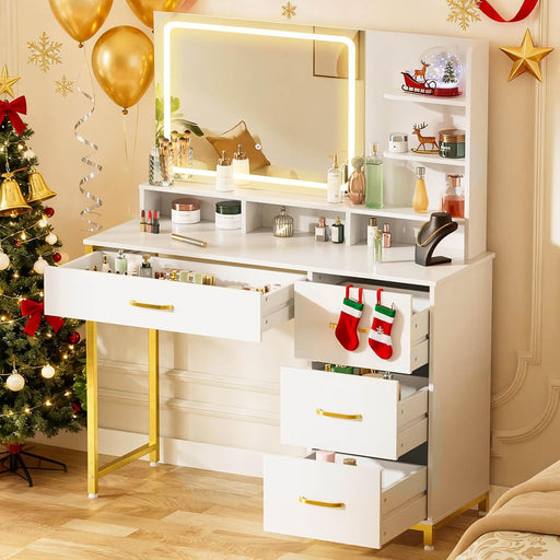 Pearl White Vanity Desk With Customizable Lighting