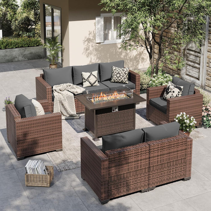 Patio Furniture Set with Fire Pit Table, 5 Pieces Outdoor Furniture Sets, Wicker Patio Conversation Sets W/Waterproof Covers for Backyard, Porch, Balcony, Poolside(Grey)