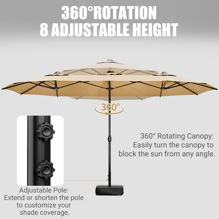 15FT Double-Sided Patio Umbrella with Base Included, Large Outdoor Rectangular Market Umbrella for Backyard, Poolside, Lawn & Garden, Khaki