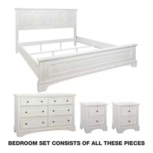 Farmhouse Basics 4-Piece Rustic White Wood King Bedroom Set (King Bed, 2 Nightstands and 1 Dresser)